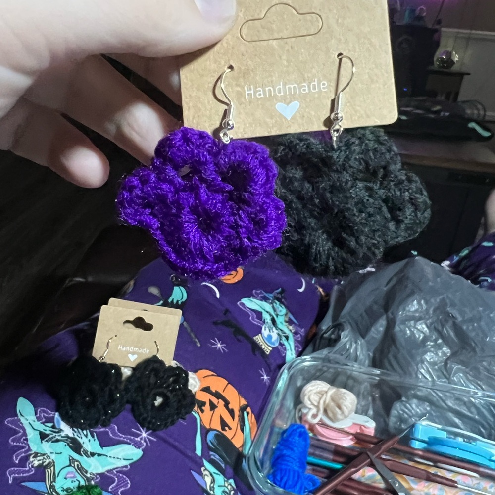 Purple and black paw print crochet earrings handmade